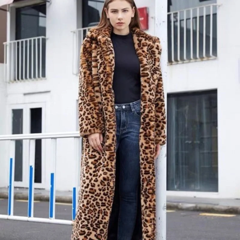 2024 Fashion Fashion Fashion Imitation Fur leopard Print Rabbit Fur ultra Long suit Necklace Fur Coat