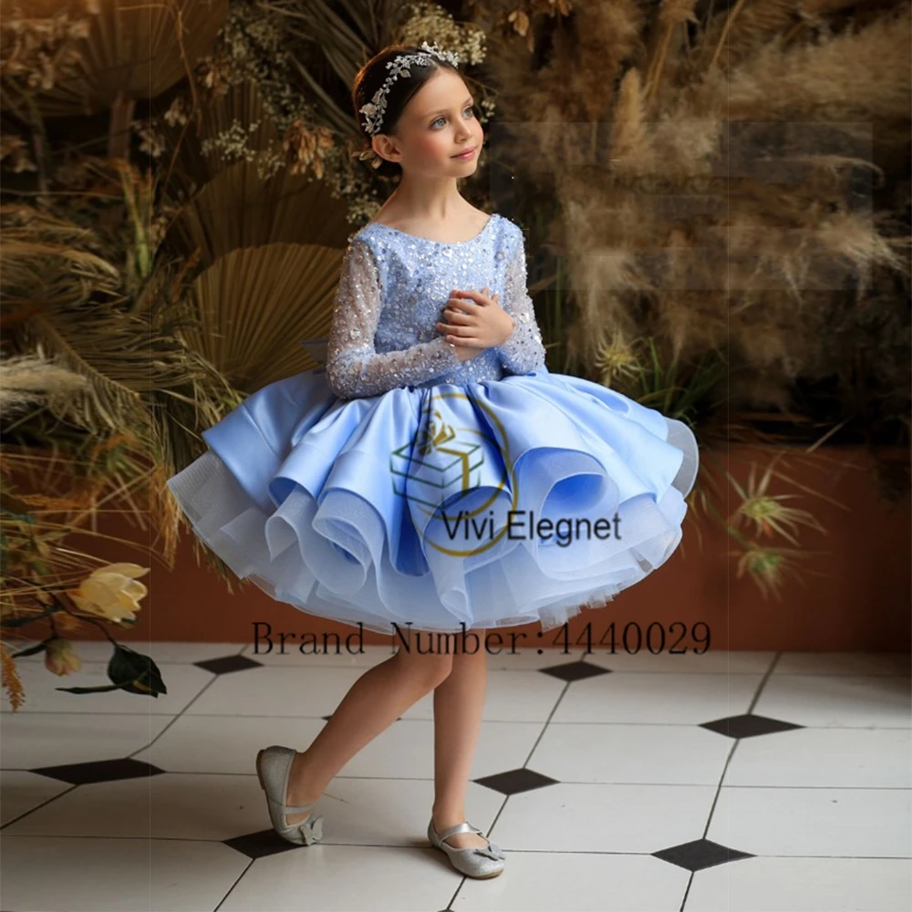 

Sparkle Sky Blue Flower Girl Dresses with Sequined Tiered Full Sleeve Wedding Party Gowns Sequined Tutu Dance فساتين اطفال للعيد