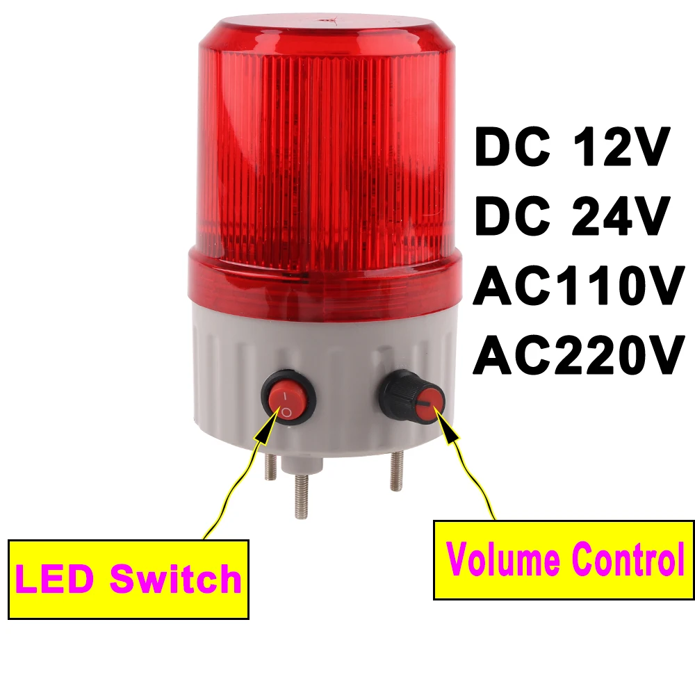 

Volume Adjustable Alarm Light Rotating Flashing LED Lamp With Sound Warning Light AC110V 220V DC12V24V Light On Off Red