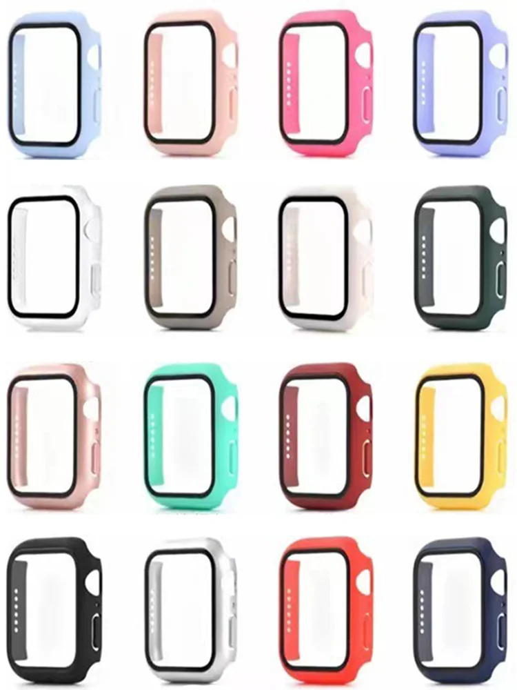 Vidro Temperado e Capa para Apple Watch, PC Bumper, Capa Protetora de Tela, iWatch Série 7, 6, 5, 4, SE2, 7, 8, 9, 45mm, 41mm, 44 milímetros, 40 milímetros, 42 milímetros, 38 milímetros