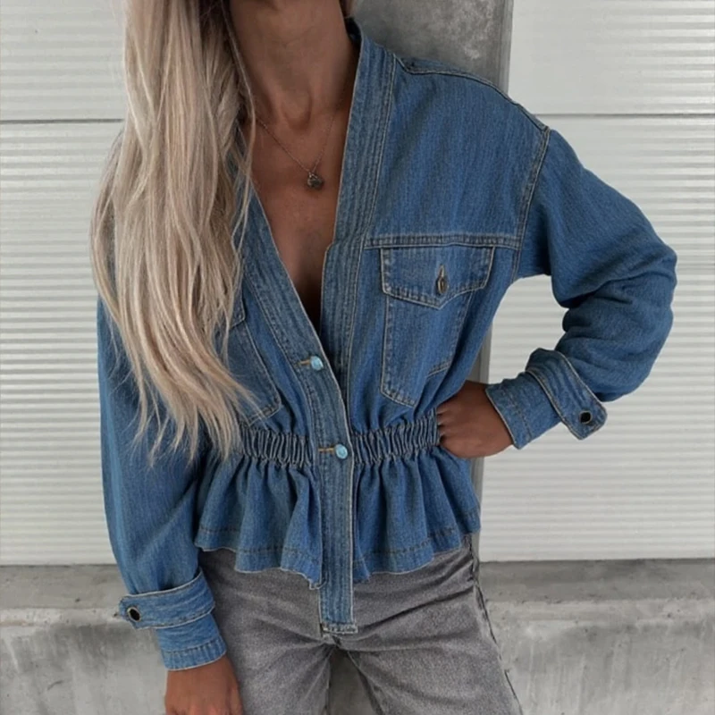 Luxury Solid Long Sleeve Denim Office Blouse Elegant Single Breasted V Collar Shirts Spring Autumn New Women Swing Ruffles Tops