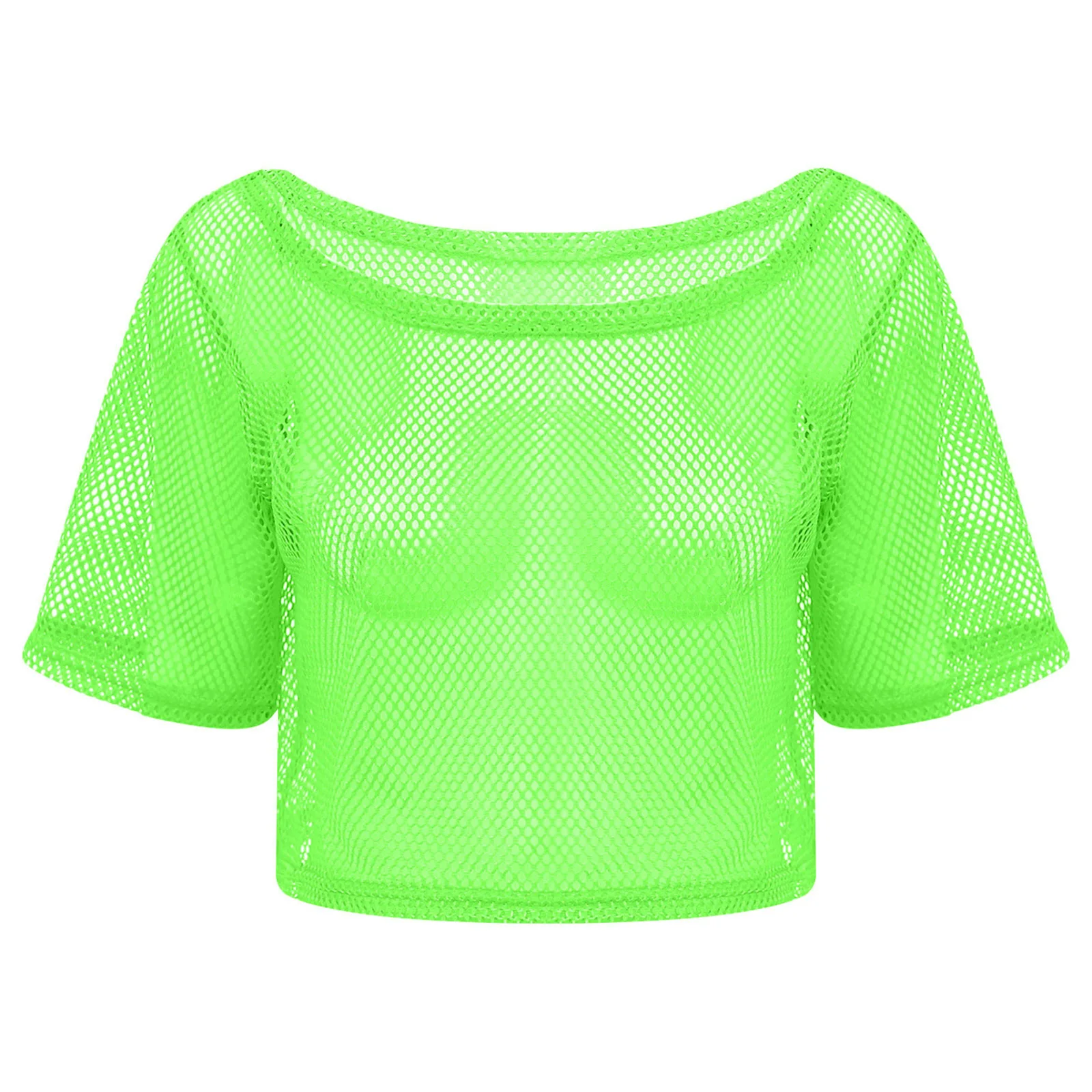 Women 80s Disco Neon Fishnet T-shirt Tops Short Sleeve Hollow Out Mesh Crop Top Sexy Punk Camisole Cover-up Rave Party Clubwear