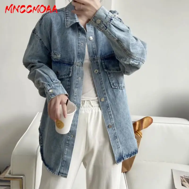 

MNCCMOAA-Women's Loose Hole Denim Jacket, Long Sleeve Coat, Pocket Tops, Casual Outerwear, Female Fashion, Spring, Autumn, 2024