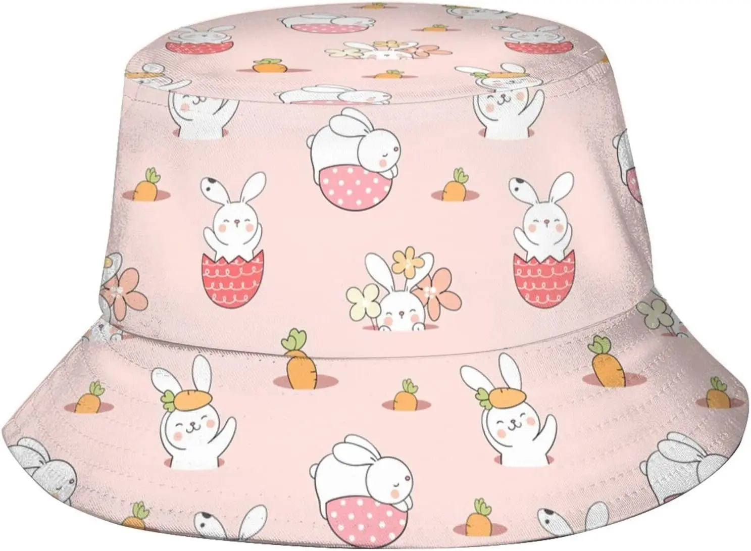 Happy Easter Cute Rabbit and Carrot Print Bucket Hat Fisherman Hat Summer Hat Unisex Outdoor Travel Fashion for Women Men