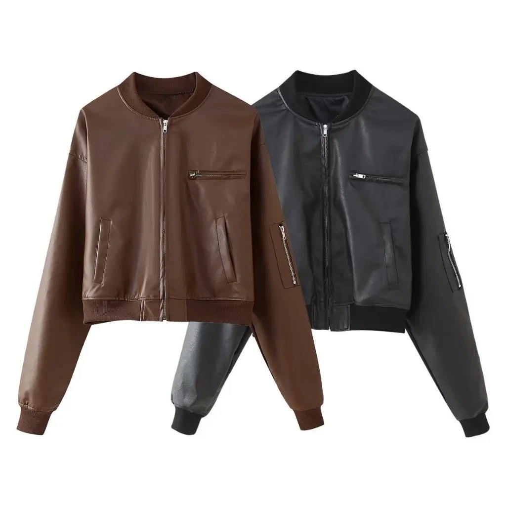 Novo estilo feminino confortável casual manga longa zíper jaqueta de couro simples japonês coreano cor sólida costura colarinho