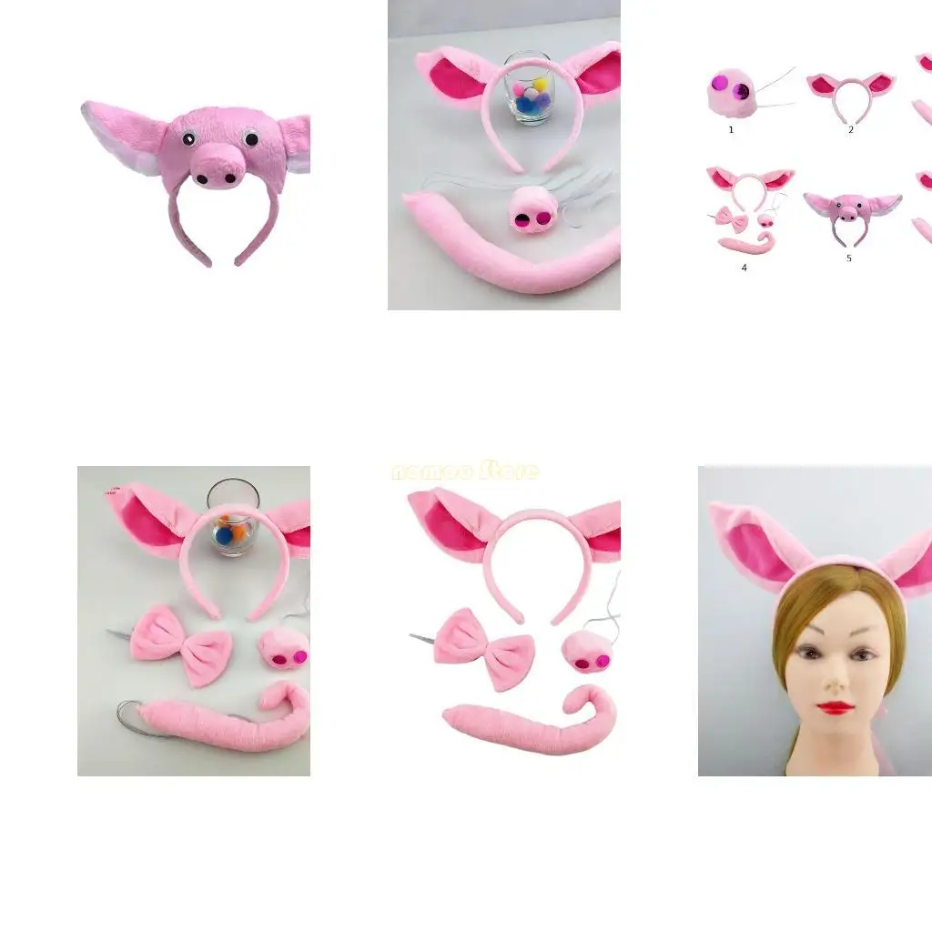

31BF Pig Ear Headband Nose Tail Costume Accessory Set Halloween Animal Headdress