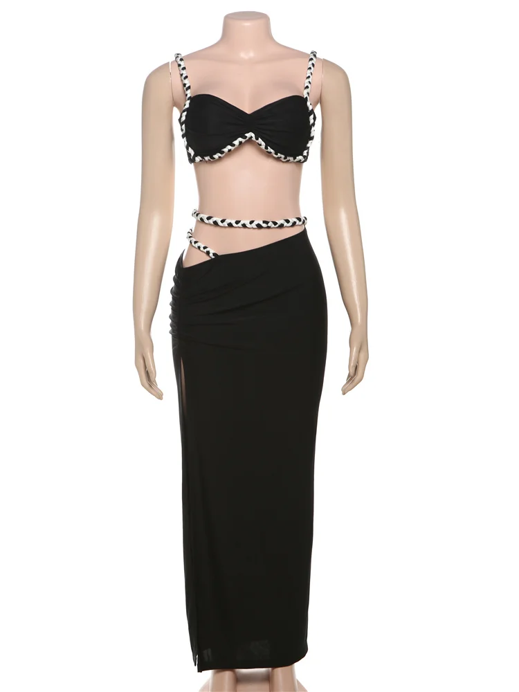 Conjunto de 2 peças de plait para festa de praia, conjunto de 2 peças, conjunto de sutiã feminino, skinny, saias, bandagem de fenda lateral, tendência de férias com ruched