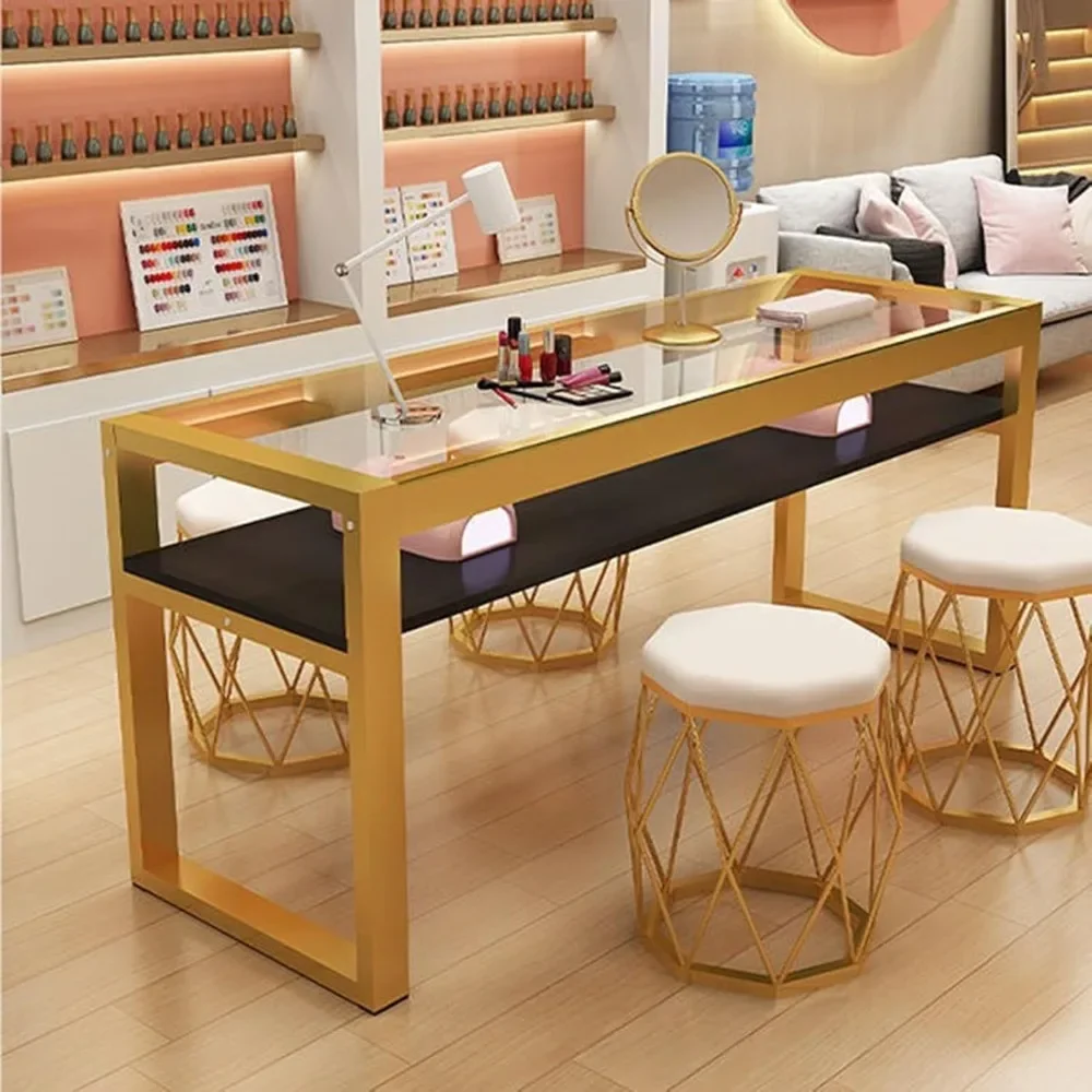

Marble Beauty Manicure Table with Tempered Glass Top Professional Nail Beauty Table Double Layer Storage Shelf Portable Nail Des