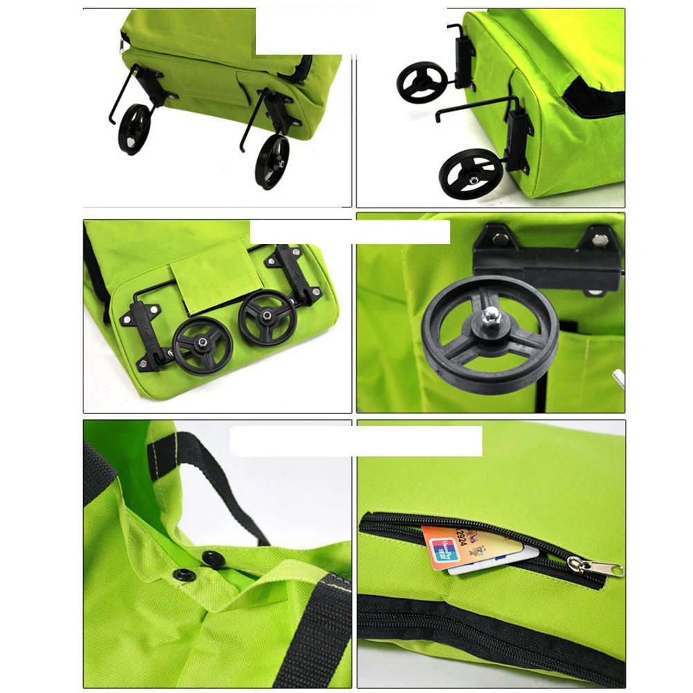 

Fold The Shopping Cart Household with Wheels Folded Tug Bag Green Foldable Reusable Trolley Oxford Fabric