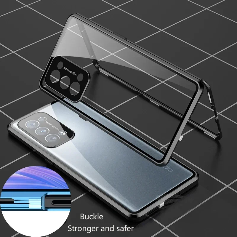 Metal Magnetic Case for OPPO Reno 12 F 11F 10 Pro Plus 8T 5G Double Sided Glass Snap Lock Full Lens Protection Cover Phone Cases