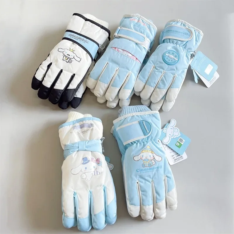 

New Sweet Kawaii Sanrio Cinnamoroll Anime Children Ski Gloves Winter Cute Cartoon Warm Wool Thickened Waterproof Gloves Gifts