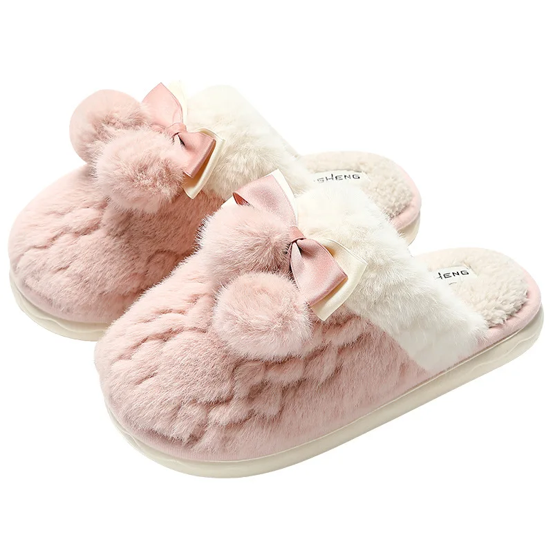 Couple bow cotton slippers women's winter home household cute plush warm non-slip bedroom fluffy Thick Bottom slippers men