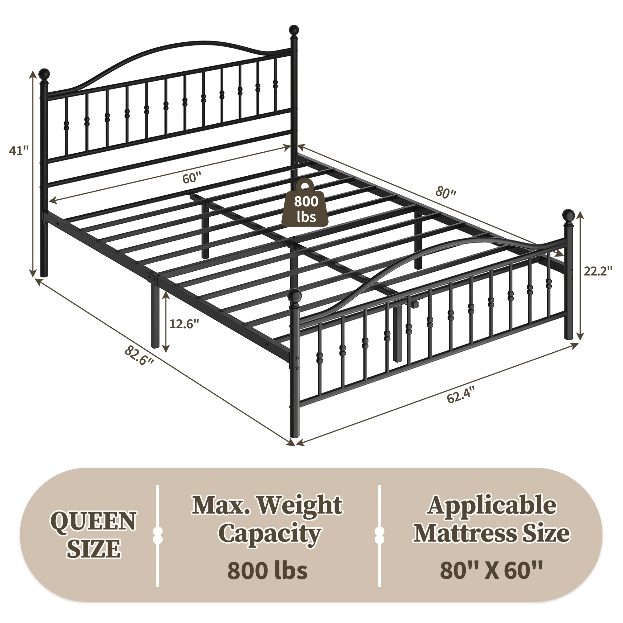 Heavy Duty Victorian Metal Platform Bed Frame – Wrought Iron Construction – Vintage Headboard & Footboard – Under Bed Storage – Noise-Free – No Box Spring Required – Easy Assembly – Black