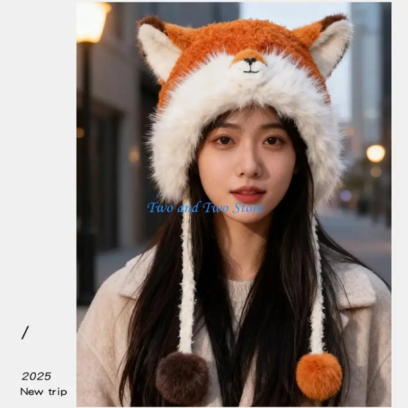 

HX6F Protective Earflap Hat with Lovely Furry Ears Plush Warm Trapper Cap for Hiking Comfortable All Ages Headwear for Outdoor