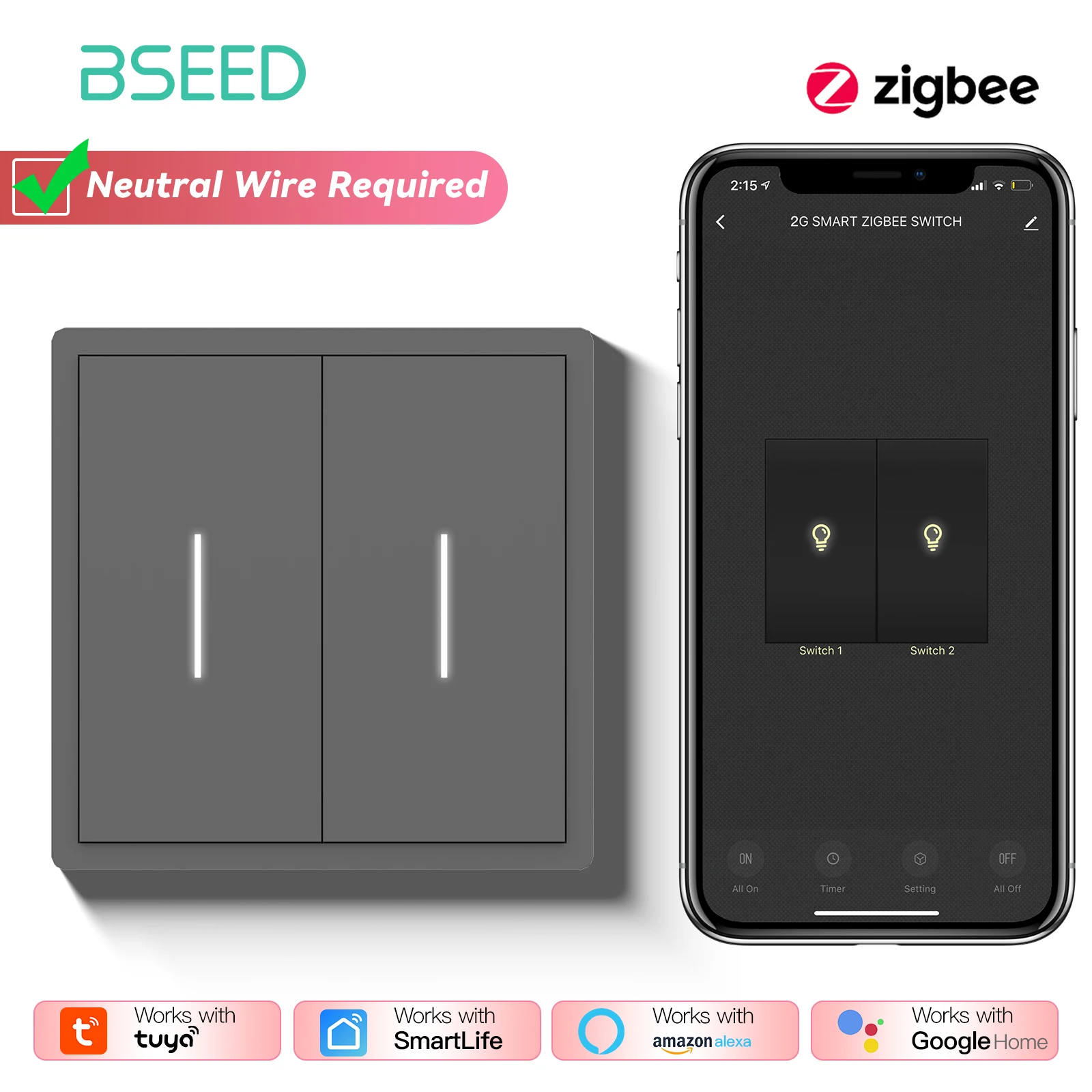 BSEED 1/2/3/4Gang 2Way Zigbee Smart Click Knop Schakelaar Smart EU Socket met AC Plastic Frame Werken Met Tuya Smart Leven Alexa