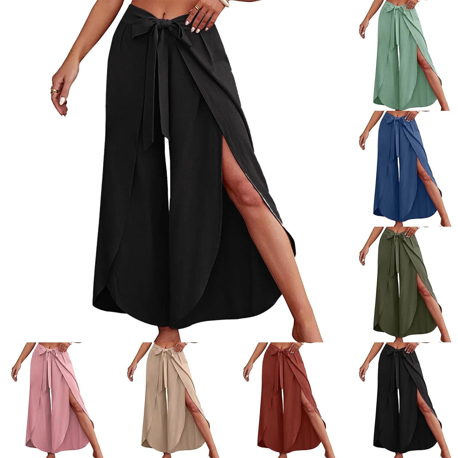 Women's Fashion Loose Casual Solid Color High Waist Flowy Wide Leg Pants Front Split Wrap elegant lace-up Length Trousers