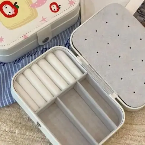 

Kawaii Sanrio Hello Kitty Jewelry Box Earrings Portable Necklace Ring Cute PU Leather Storage Box Travel Mini Compact Accessory