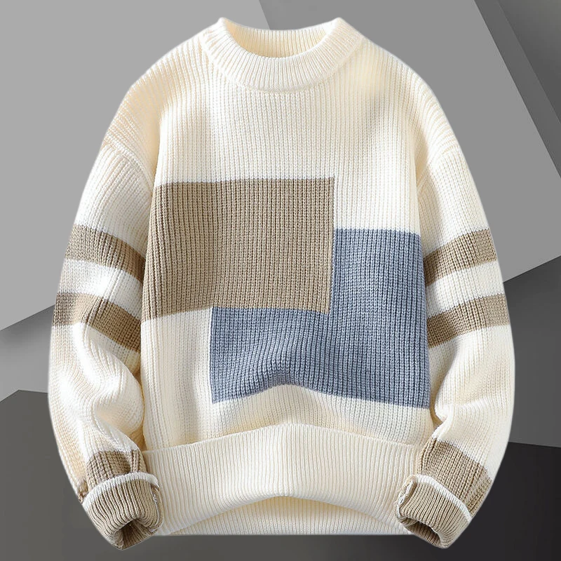 Men Round Neck Contrast Color Knitted Sweater Casual Pullover Social Club Outfits Men Long-sleeved Pullover Homme Sweater