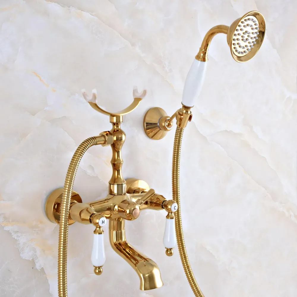 Contemporary Golden Brass Wall Mounted Bathroom Bathtub Faucet Set with 150CM Hose Handheld Shower Spray Head Mixer Tap Dna912