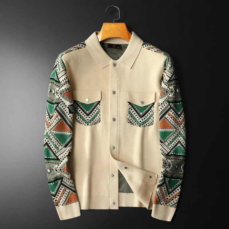 Chaqueta de punto con costura de Color de contraste geométrico Retro étnico para hombres, chaqueta Bomber Vintage con solapa, ropa de calle de otoño, traje de Club para hombres