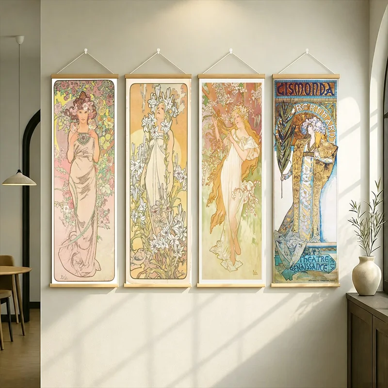 Wall Art Hanging Scroll with Art Nouveau Women in Pastel Floral Panels on Silver Shimmer Canvas for Serene Bedroom Decor
