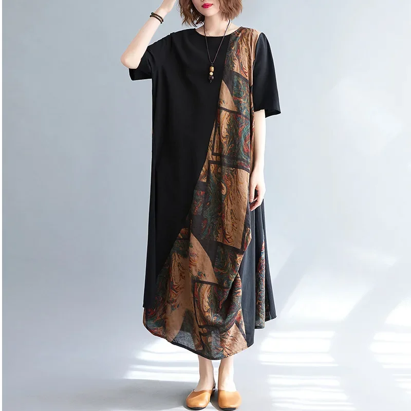 

Summer Asymmetrical Spliced Color Printed Long T-shirt Dress Women Short Sleeve Casual Loose Boho Beach Ankle-length Dresses