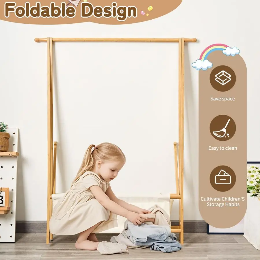 Bamboo Kids Clothing Rack with Storage Box Foldable,Kids Dress Up Rack with Hooks Rod, Organize Dress Up Storage School Uniform