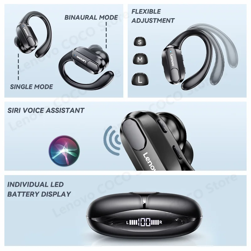 Lenovo-XT80 True Auscultadores Sem Fio Bluetooth, Fones De Ouvido Esportivos, TWS Earbuds, Headset Impermeável, Display De Poder LCD, Redução De Ruído Earbuds