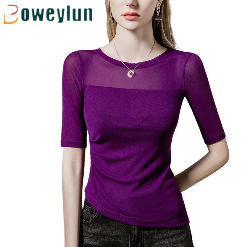 

Boweylun New Five-Split Sleeve Mesh Bottom Shirt Women Pleated Splicing Dance Mid-Sleeve T-Shirt Tops