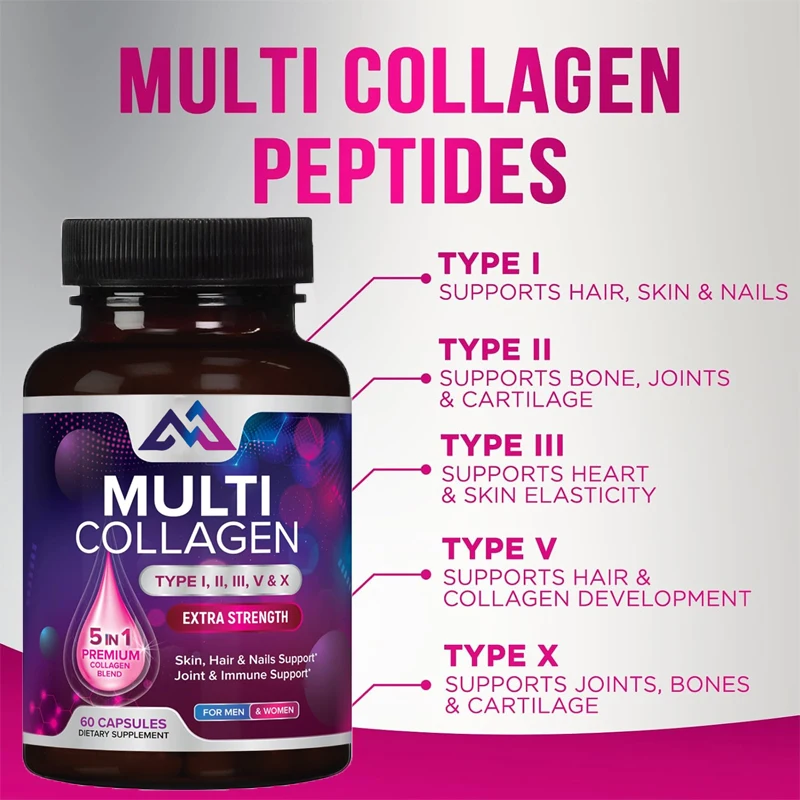 Collagen peptide, type II, type III, type V hydrolyzed collagen, hair, skin, nails, bones, joint health support, 60 capsules