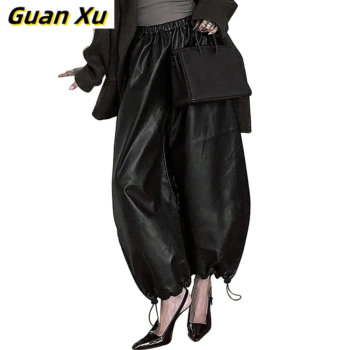 Amerikaanse lente-, herfst- en winterdameskleding effen kleur broek verstelbare broek modieuze casual leren broek