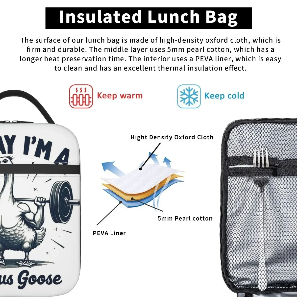Today I'm A Serious Goose Lifting Weights Gym Insulated Lunch Bag for Women Kids Portable Food Boxes Thermal Lunch Box Tote