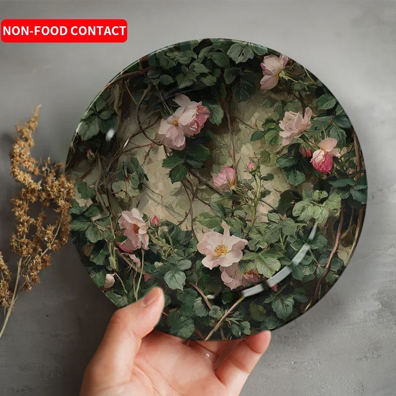 1pc Hand-Painted Pink Rose & Green Foliage Ceramic Wall Plate - Round Decorative Serving-Like Art for Home, Weddings,