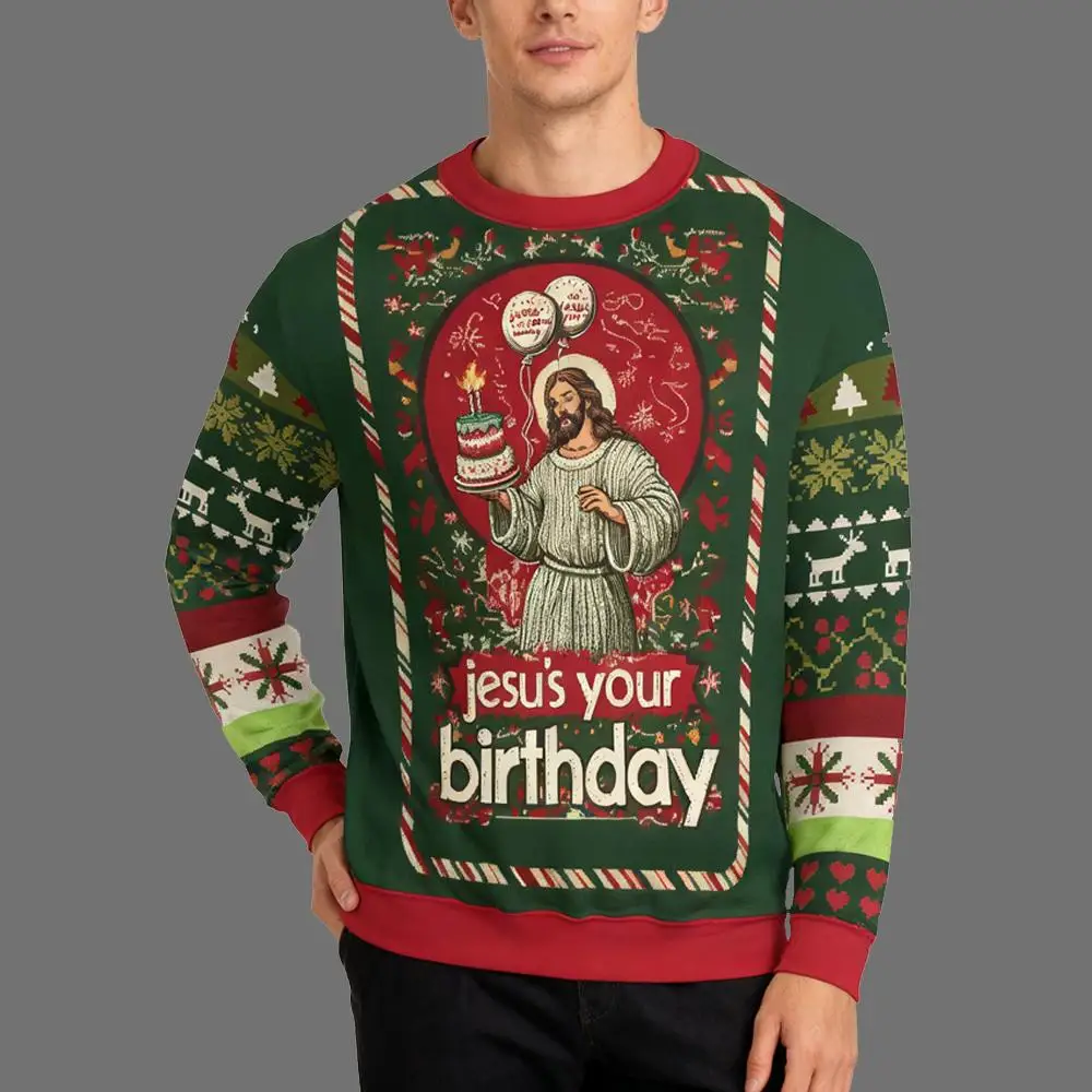 

2025 Jesus Christmas Pattern Men's Street Crew Neck Sweatshirt Autumn And Winter 3D Printing Fashion Loose Men's Casual Tops