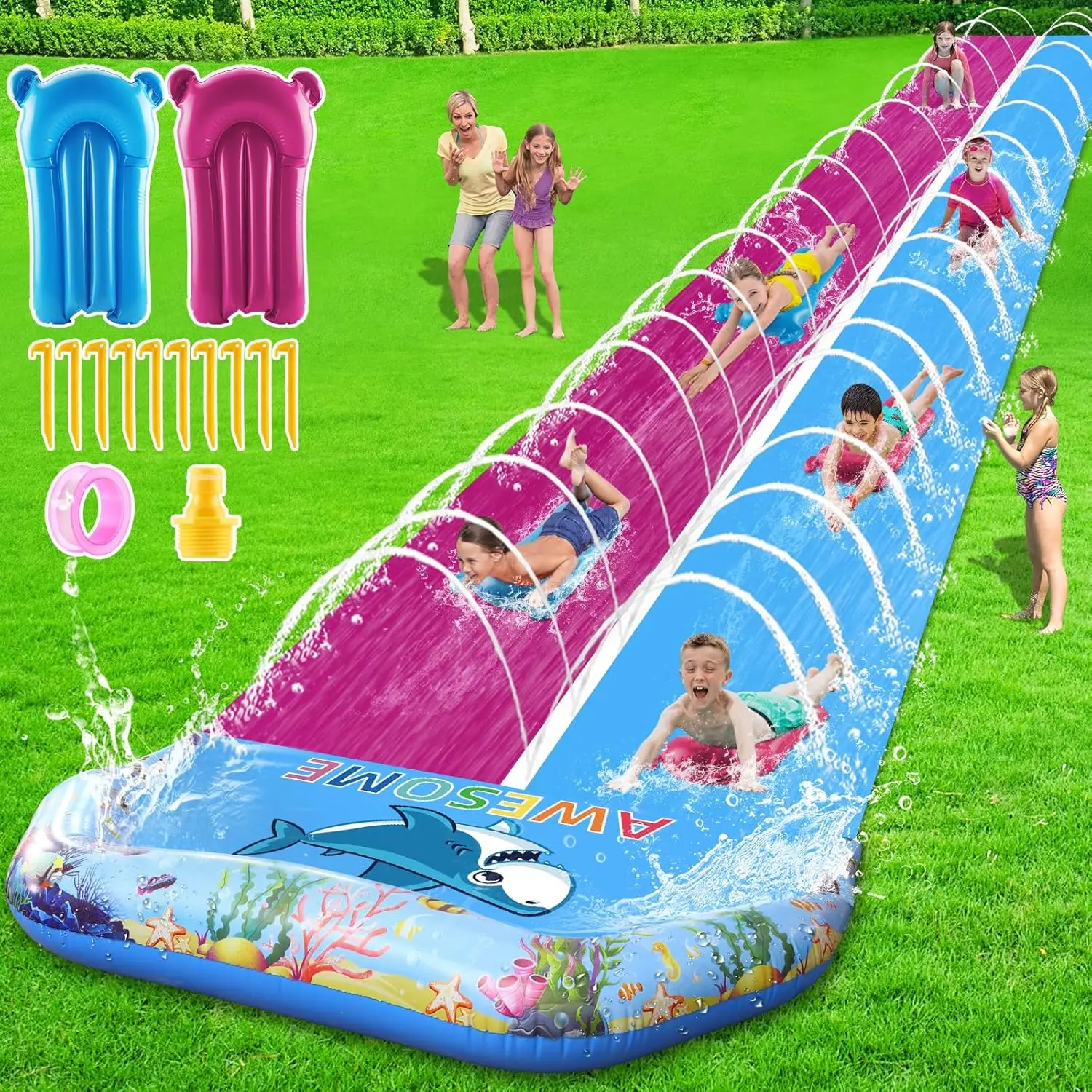 

33 FT Extra Long Water Slides for Kids Adults, Giant Double Lawn Water Slip Heavy Duty with 2 Bodyboards, Summer Water Slides To