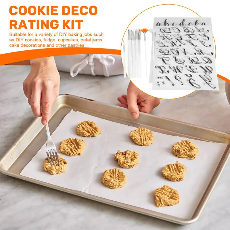 クッキーツール アルファベットケーキスタンプツール、デコレーションブラシ付きレターフォンダンスタンプ、数字フォンダンモールド