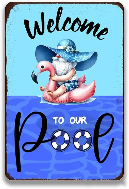 1p,Welcome to Our Pool Metal Sign  inch Tropical Flamingo Decorative Sign