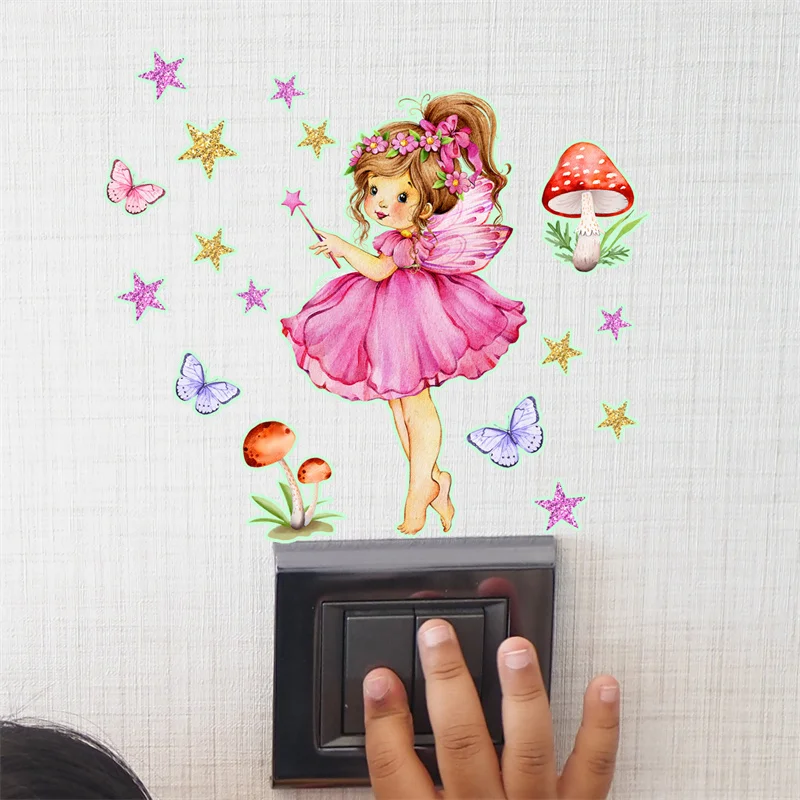 Luminous Fairy Elf Mushroom Butterfly Wall Stickers for Kids Room Girls Baby Room Decoration Nursery Fluorescent Stars Wallpaper