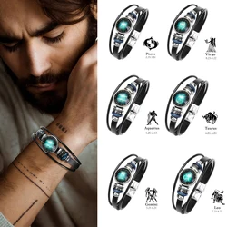 12 Star Sign Bracelet Capricorn Leo Aquarius Men's Bracelet, Multi-Layer Wrapped Leather Vintage Bracelet, Holiday Gift