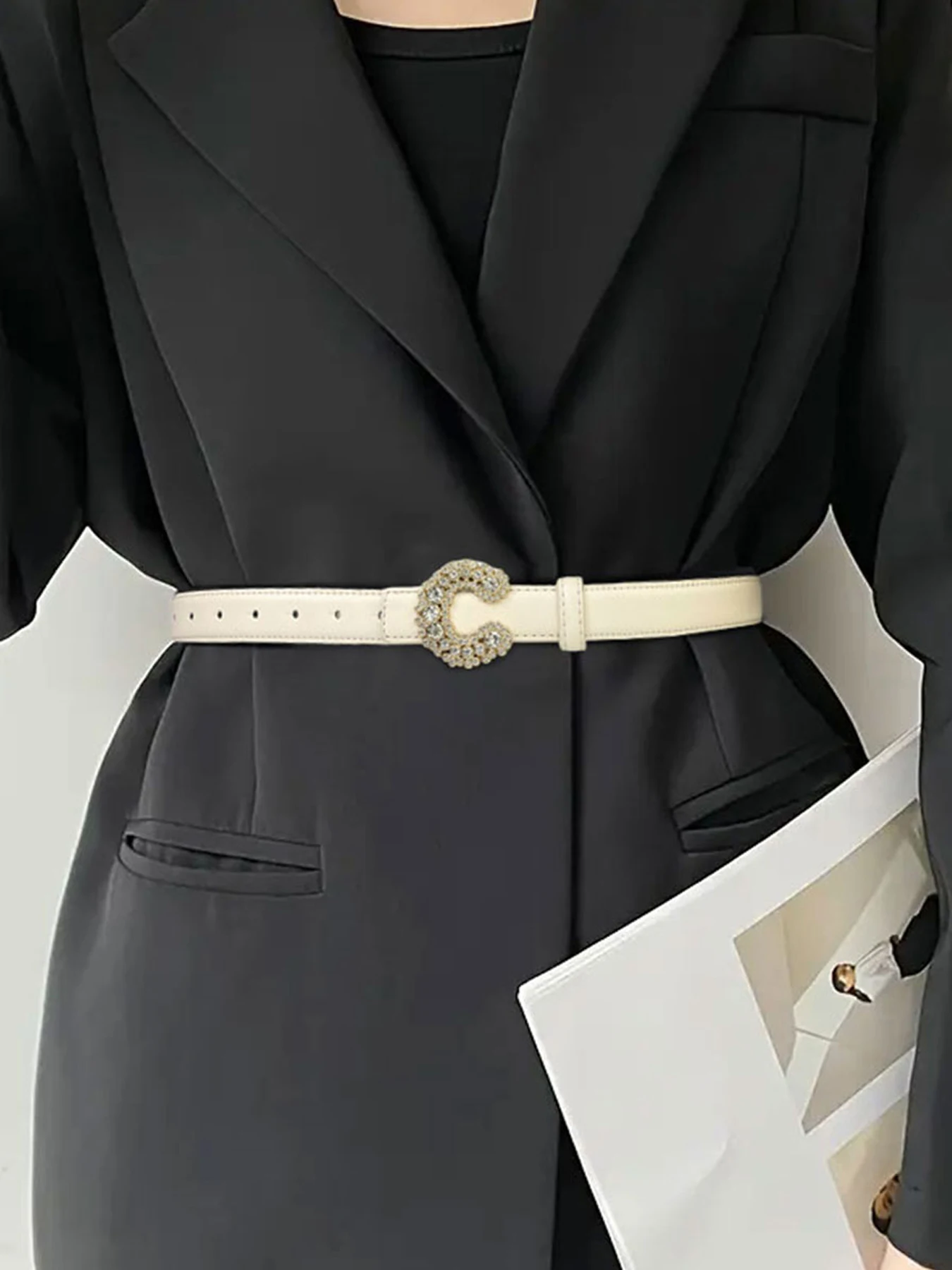 حزام بنمط جديد بإبزيم على شكل حرف C، حجر الراين، شعور راقي، حزام نسائي، حزام OL عصري، ألوان متعددة #5