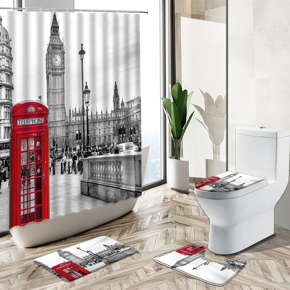 London City Scenery Shower Curtain Retro Big Ben Red Telephone Booth Street View Non-Slip Pedestal Rug Toilet Cover Bathroom Set