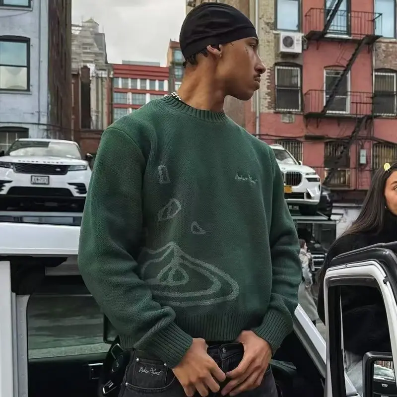 ストリートウェア プラネット ジャカード刺繍ロゴ クルーネックセーター メンズ レディース カップル カジュアル ニット ジャンパー