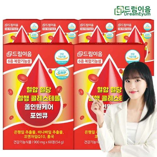 드림이음 혈압 혈당 혈행 콜레스테롤 올인원 케어 포엔큐 코엔자임Q10 바나바잎 은행잎추출물 홍국 6박스 