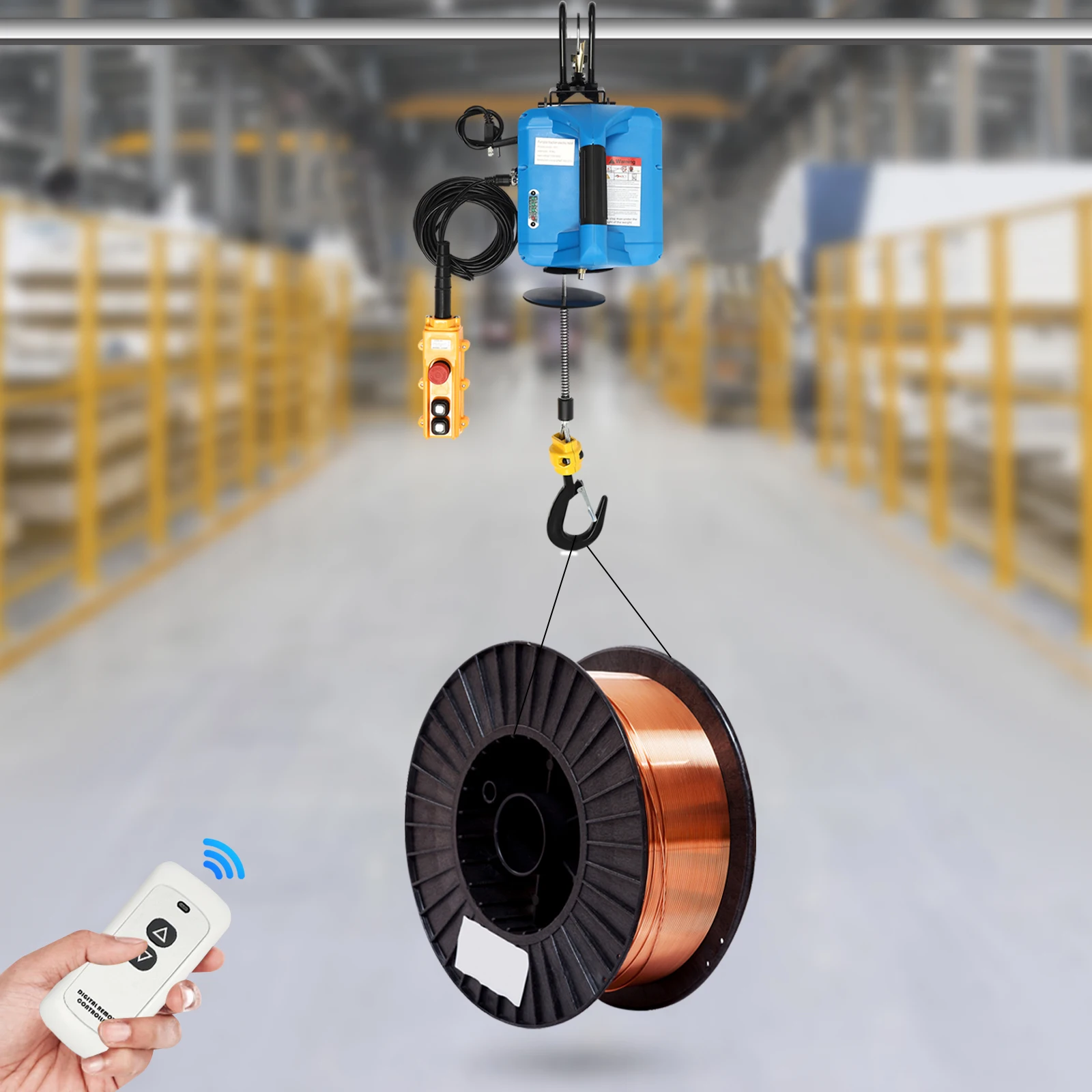 

Blue Manganese Steel Aluminum Alloy 45*27*27cm Portable Electric Hoist 1100 Lb Double Remote Control Lifting Lifting Tool Kit