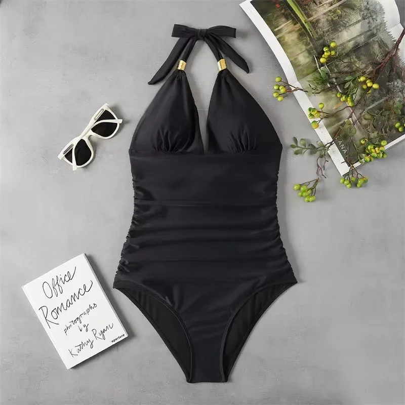 2024 Sexy One Piece Tankini Plus Size Swimwear Women Black Halter Hot Monokini Swimsuit Push Up Bathing Suit High Waist Bodysuit