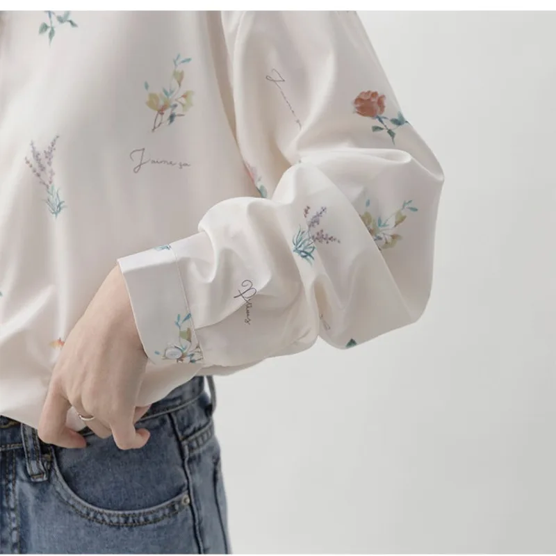 Spring Autumn Women\'s Turn-down Collar Solid Flower Printed Button Cardigan Chiffon Shirt Long Sleeve T-shirt Casual Loose Tops