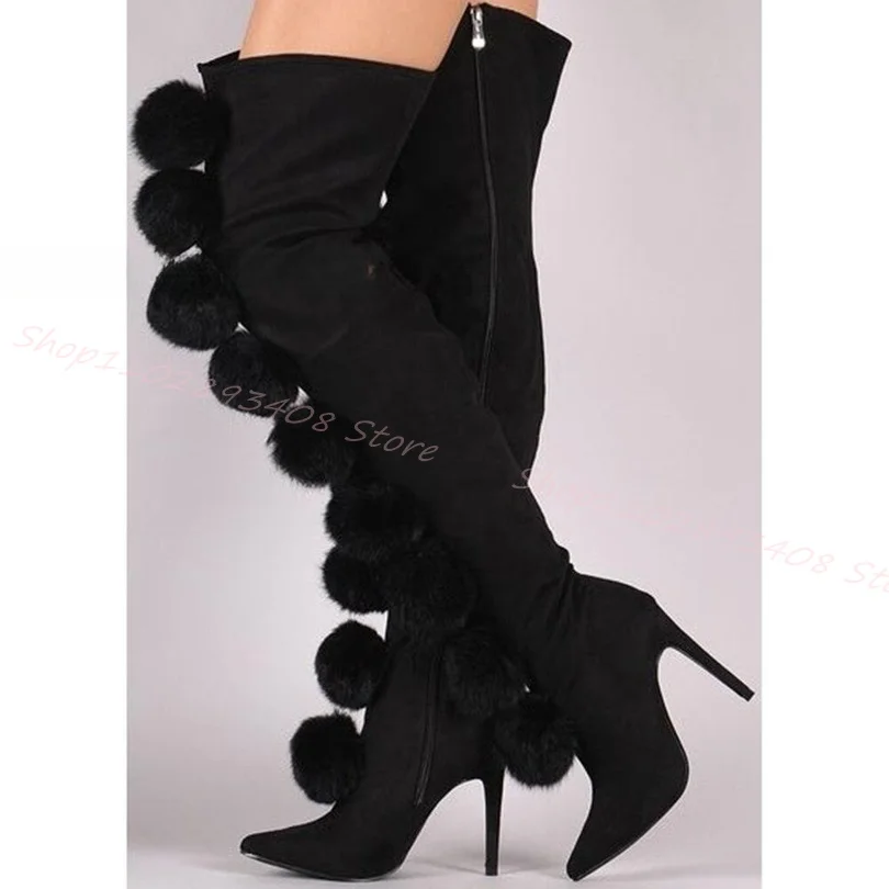 Black Fur Ball Decor Knee Boots Side Zipper Stiletto High Heels Flock Shoes Women Winter Fashion Shoes 2023 Zapatos Para Mujere