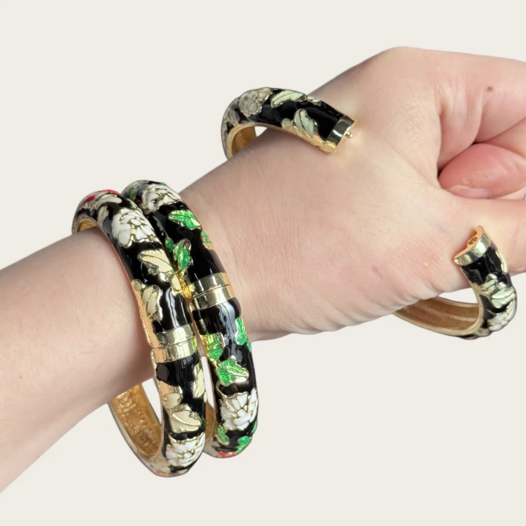 Black peony open bangle clip-on open bracelet enamel dripping oil bangle