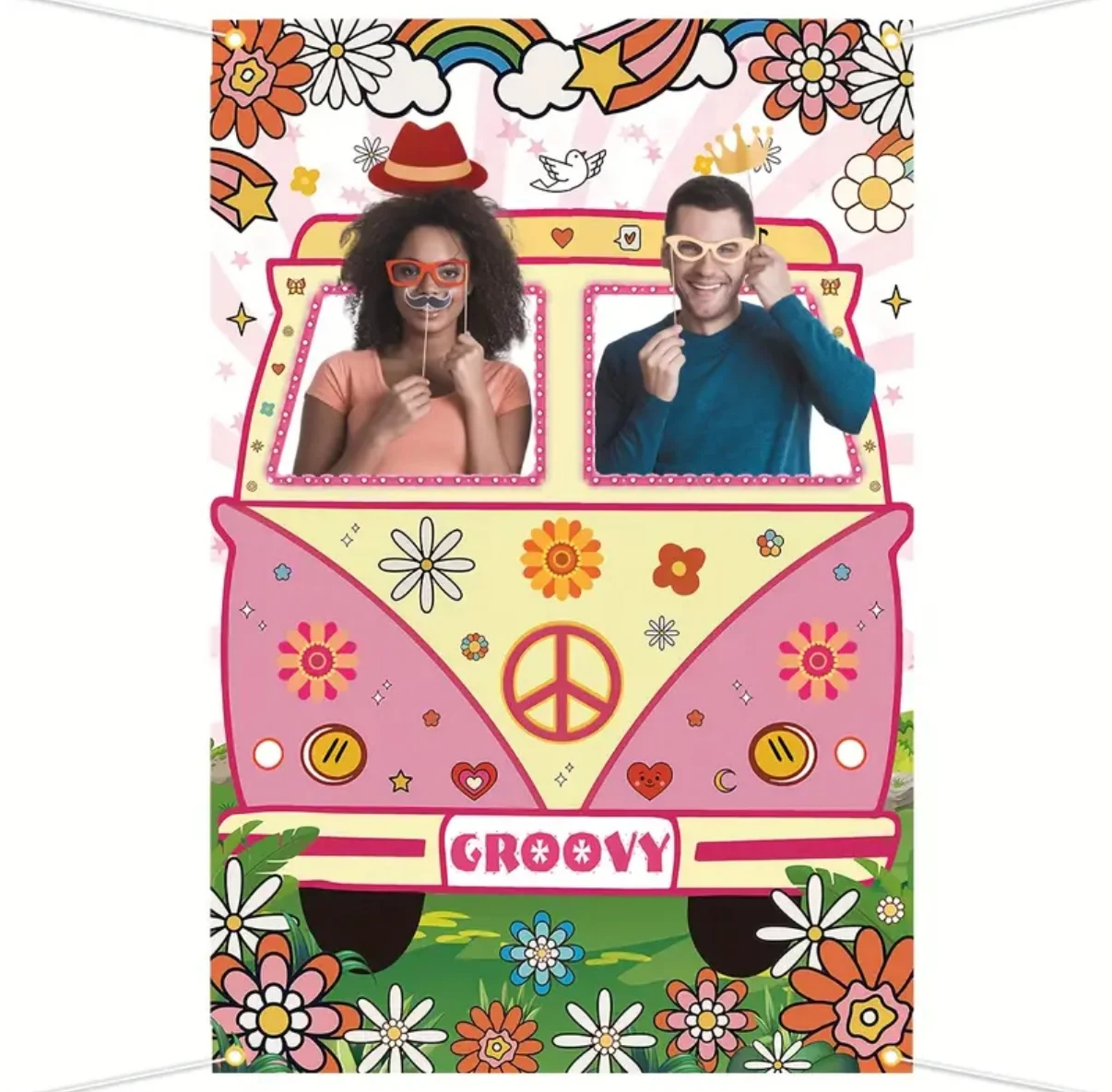 Vintage Hippie Bus Photo Booth Props Banner Hollowed out Van Selfie Frame Logo 6070s Birthday Party Decoration