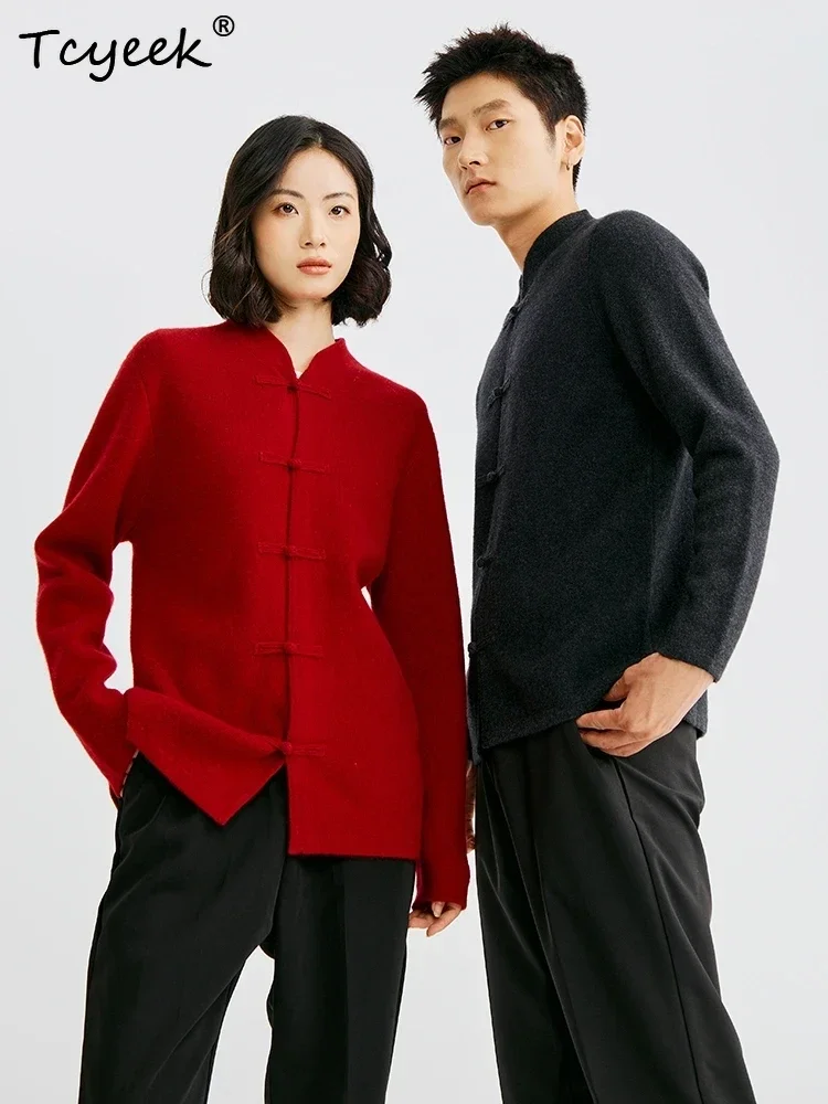 New Chinese Style Autumn Winter Vintage Cardigan Couple Sweater Men Women Knitwear 100% Merino Wool Warm Formal Banquet Clothing